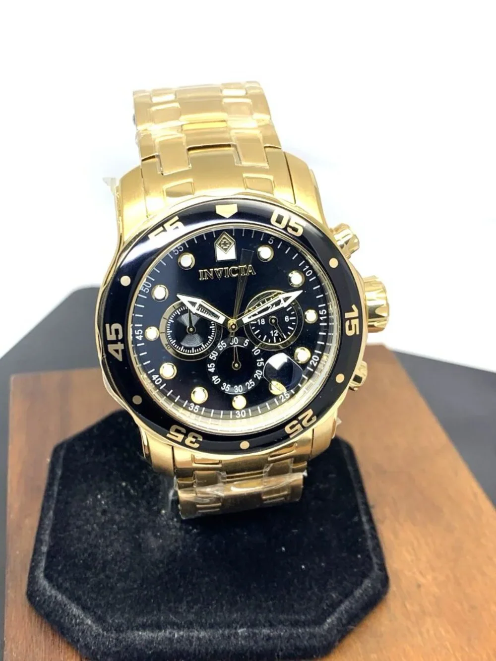 Invicta Men's Watch 0072 Pro Diver Black Dial Quartz Chronograph Gold Steel 48mm